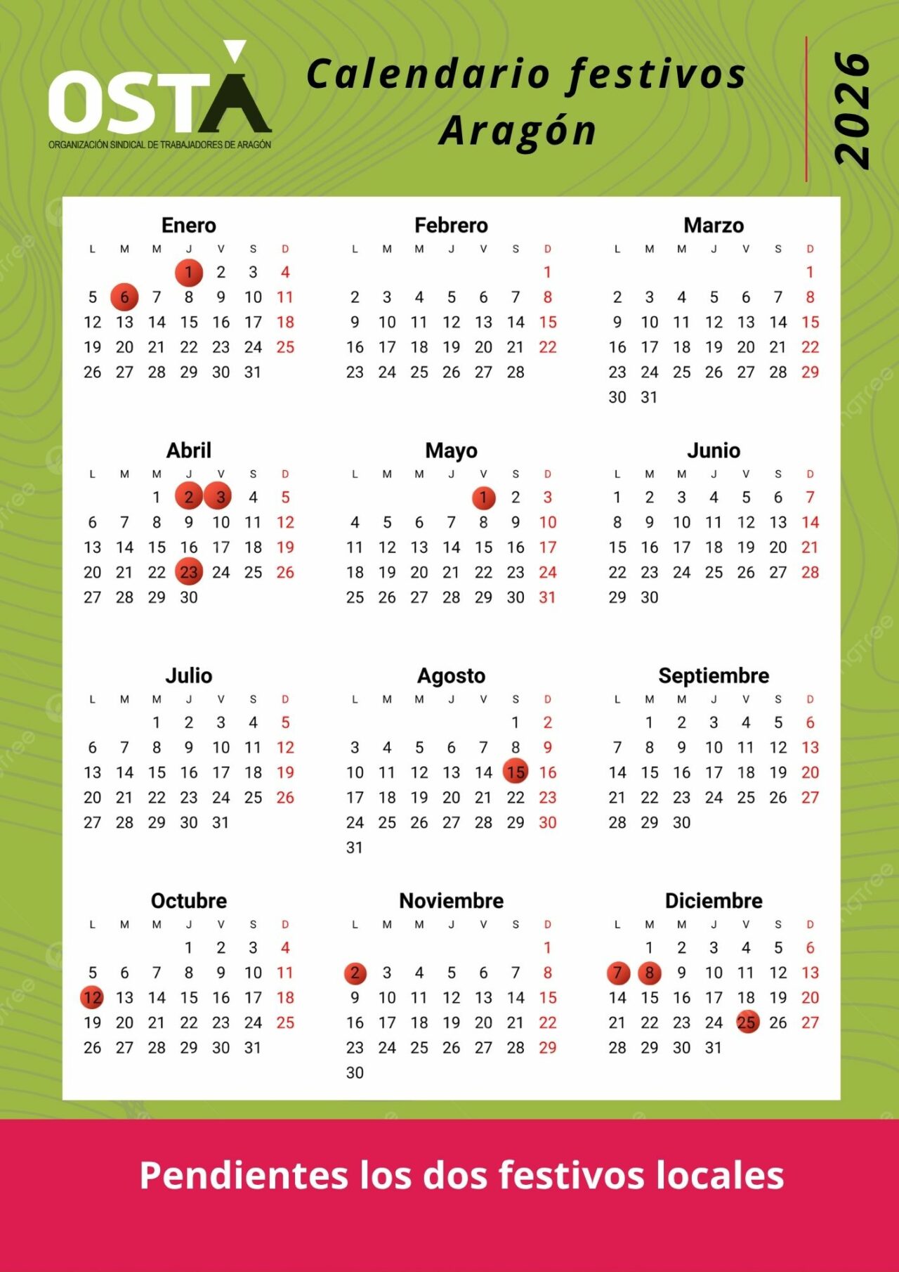 Publicado el calendario laboral de Aragón de 2026